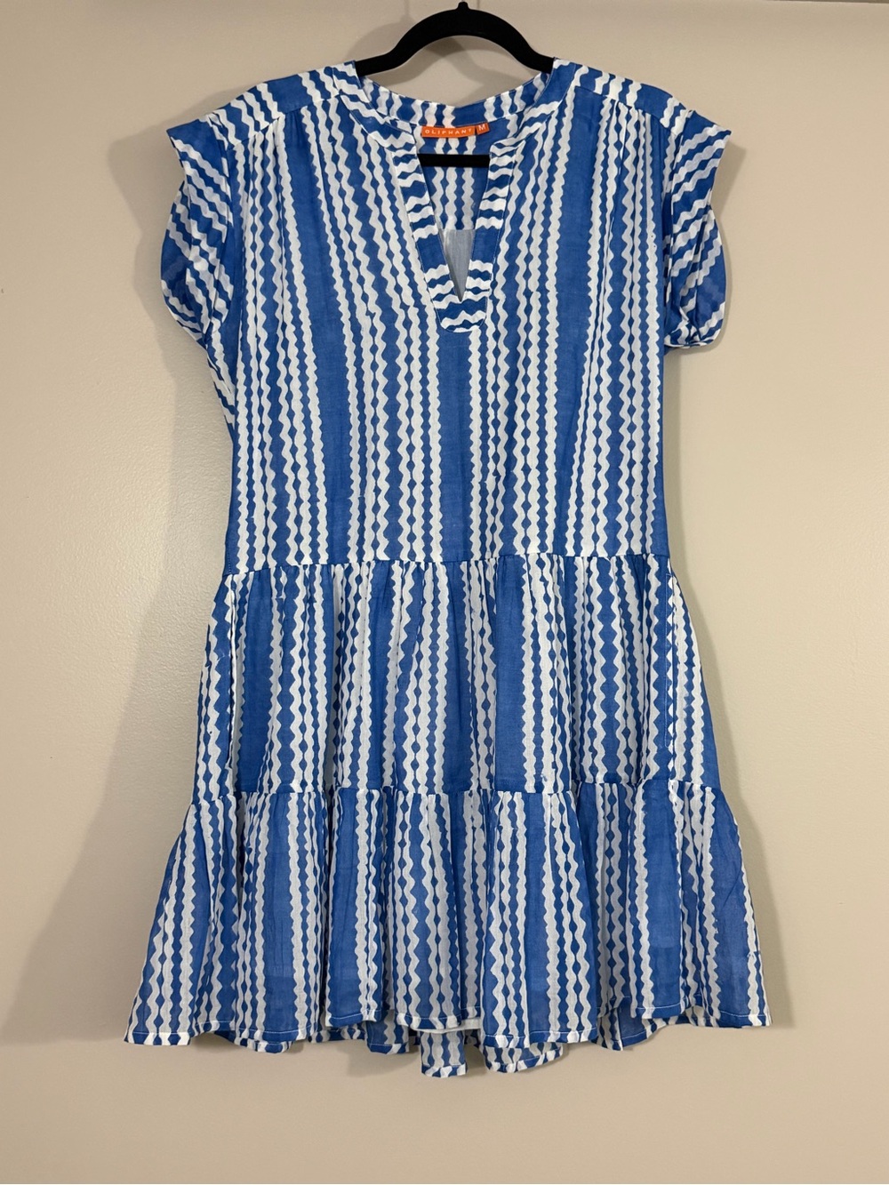 OLIPHANT Blue and White Striped Tiered mini Dress, sz M
